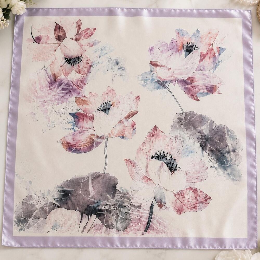 100% Silk Lotus Floral Scarf: Watercolor Print Neck Accessory (20"x20")